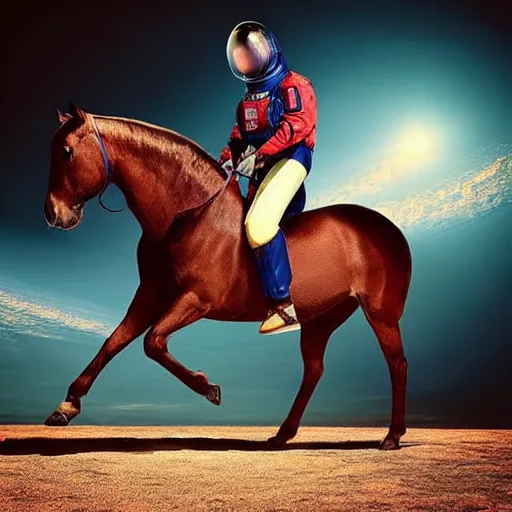 Prompt: “ a man in a horse suit riding a horse in space man suit ”