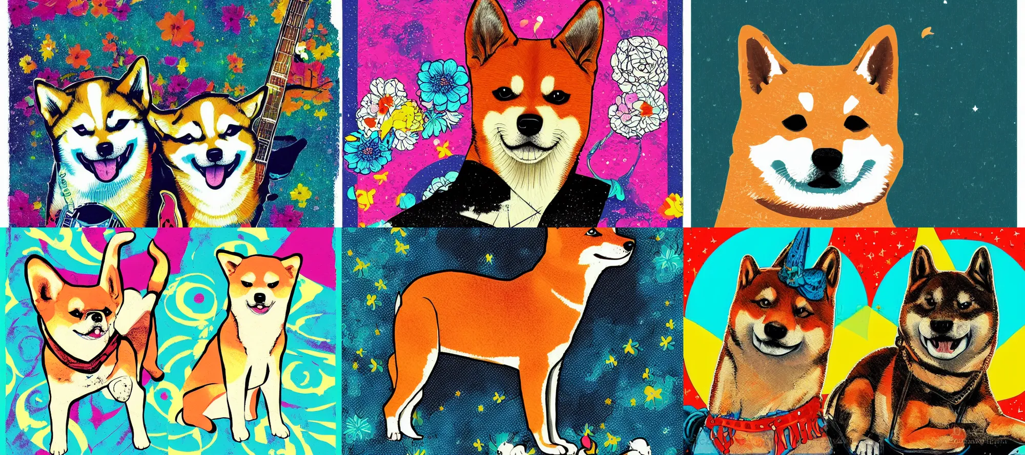 Prompt: Shiba Inu illustration in the style of a jimmy hendrix poster