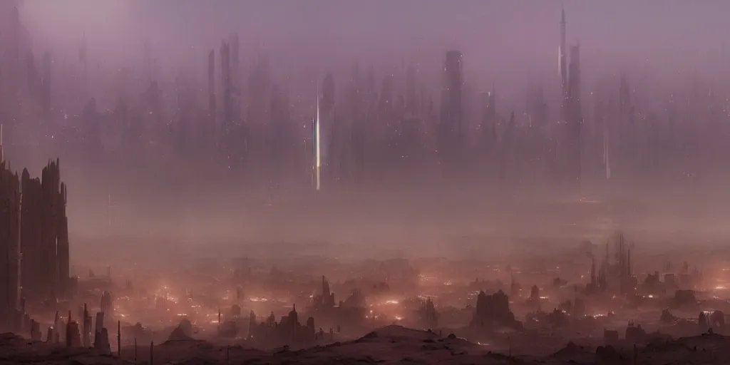 Image similar to A barren desert landscape with a glowing metropolis in the distance, fog and ethereal lighting, by Greg Rutkowski and Studio Ghibli