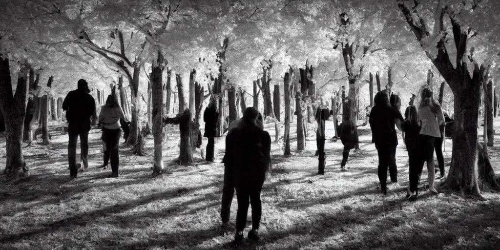 Image similar to love, groups of people in infrared, from behind, rebirth, wide angle, cinematic atmosphere, elaborate, highly detailed, dramatic lighting