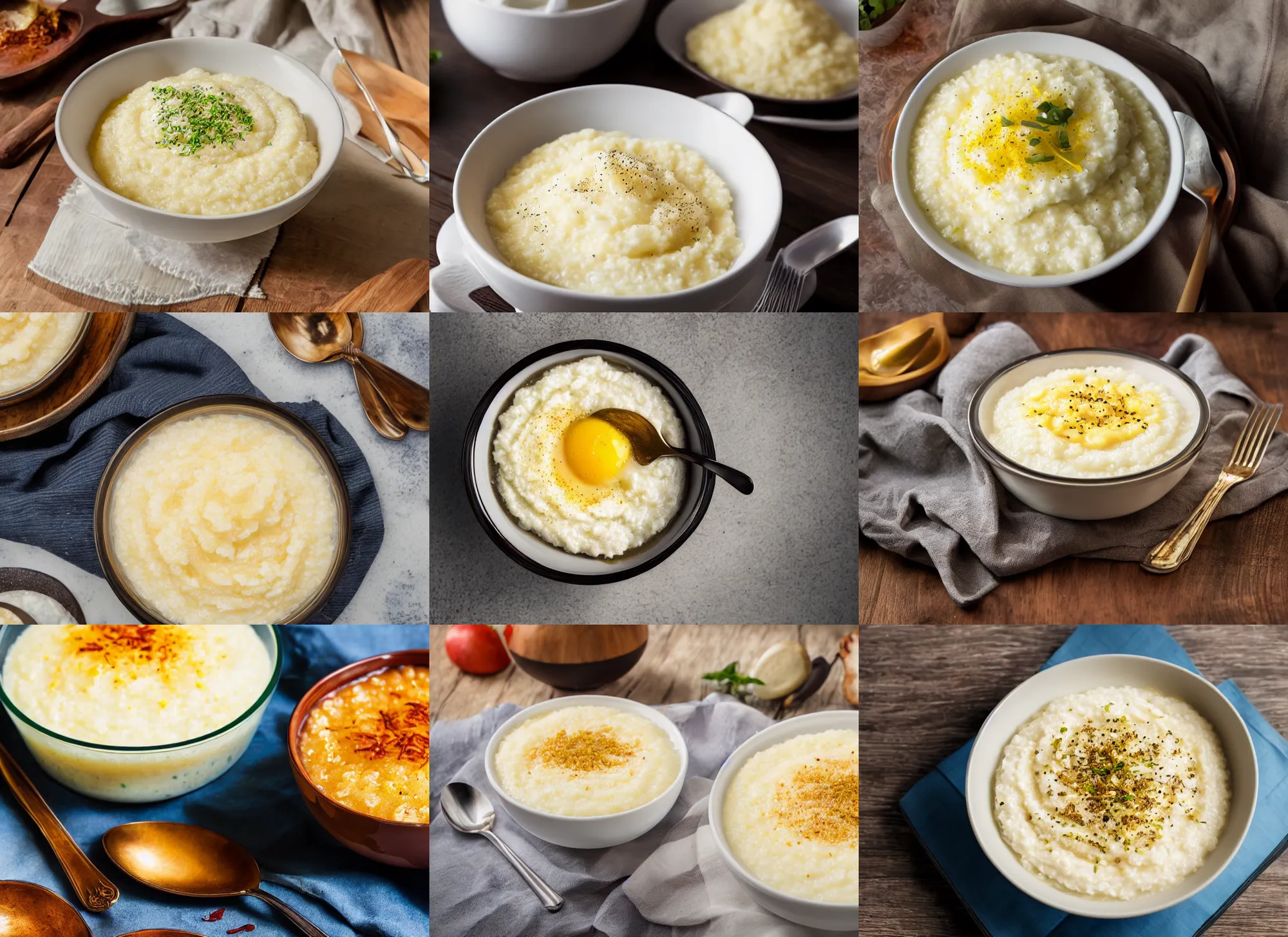 Prompt: a photo of a delicious bowl of grits from the side on a modern glass table, Dawn, 4k, Cinematic lighting, High detail, Realistic, Delicious,