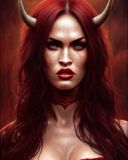 Image similar to portrait of red skinned megan fox as purgatori, vampire, horns, red skin, chaos comics, purgatori, coffin comics, hell, intricate, headshot, highly detailed, digital painting, artstation, concept art, sharp focus, cinematic lighting, illustration, art by artgerm and greg rutkowski, alphonse mucha, cgsociety