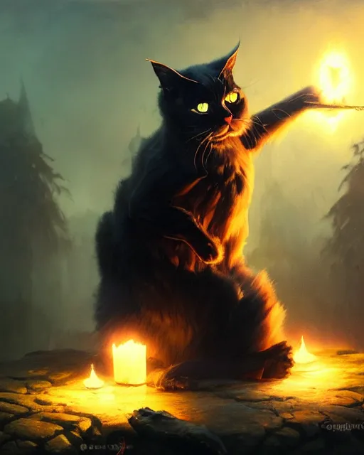 Image similar to oil painting of Cat Witch casting dark spell, sharp focus, heroic pose, fantasy style, octane render, volumetric lighting, 8k high definition, by greg rutkowski, highly detailed, trending on art Station, magic the gathering artwork, Woodland background, centered