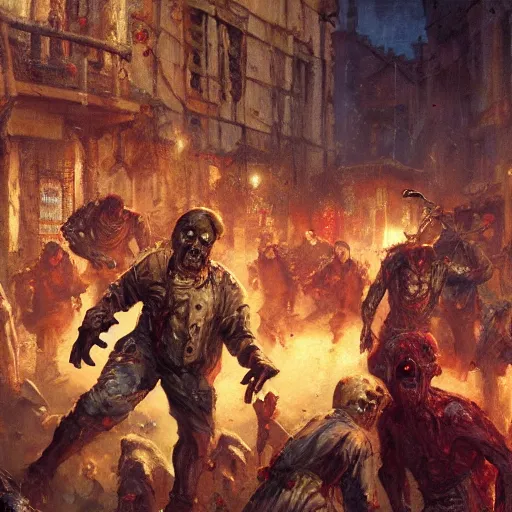 Image similar to zombies attack medieval town, close up, painting by gaston bussiere, craig mullins, j. c. leyendecker, 4 k, 8 k, trending on artstation, artstationhd, artstationhq, highest detail