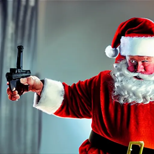 Image similar to santa claus scared, holding a shotgun indoors photorealistic 4 k