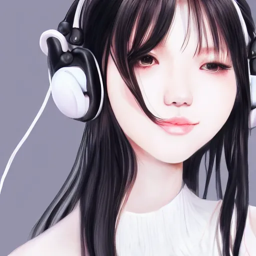 Image similar to realistic detailed semirealism beautiful gorgeous natural cute Blackpink Lalisa Manoban black hair black cat ears, wearing white camisole outfit, headphones, black leather choker artwork drawn full HD 4K high resolution quality artstyle professional artists WLOP, Aztodio, Taejune Kim, Guweiz, Pixiv, Instagram, Artstation