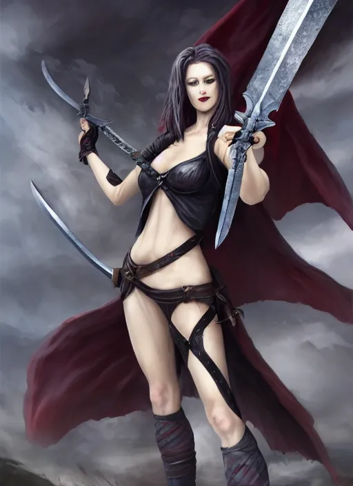 Prompt: full - body, female vampire holding a two - handed greatsword with both hands, lean and muscular, flying, barefoot, kickboxing foot wraps, exposed toes, black heavy armor, historical armor, metal mask, enchanting, elegant, smiling, ghostblade, wlop, modern fantasy, realistic proportions.