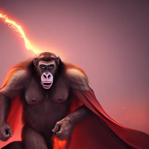 Image similar to fury art, an anthro ape wearing a large cape, exploding background, 3 d, 8 k, extremely detailed, trending on furaffinity, trending on artstation, award winning, sharp focus, illustration