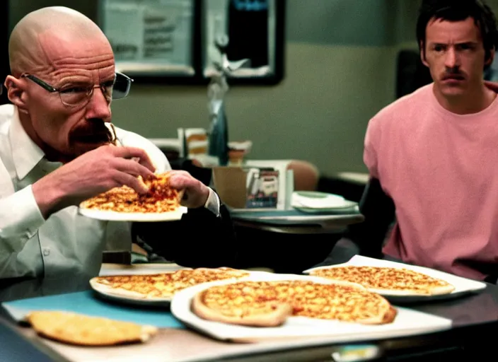 Prompt: screenshot of walter white eating pizza sitting with president obama at a booth at chuck - e - cheese, dramatic lighting, film still from breaking bad ( 2 0 1 2 ), 3 5 mm kodak color stock, 2 4 mm lens, directed by rian johnson, ecktochrome