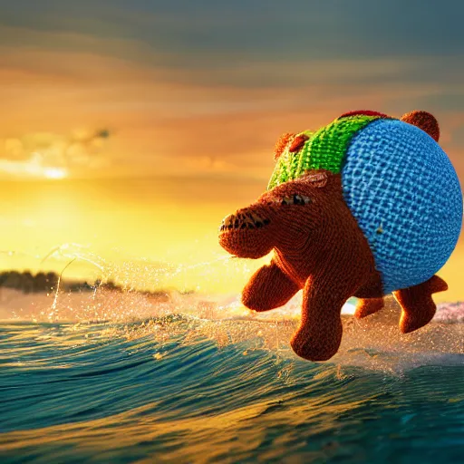 Image similar to a closeup photorealistic photograph of a cute smiling knitted tiger hippopotamus chasing a beachball during sunset. open mouth, surf in the background. professional capture. this 4 k hd image is trending on artstation, featured on behance, well - rendered, extra crisp, features intricate detail, epic composition and the style of unreal engine.