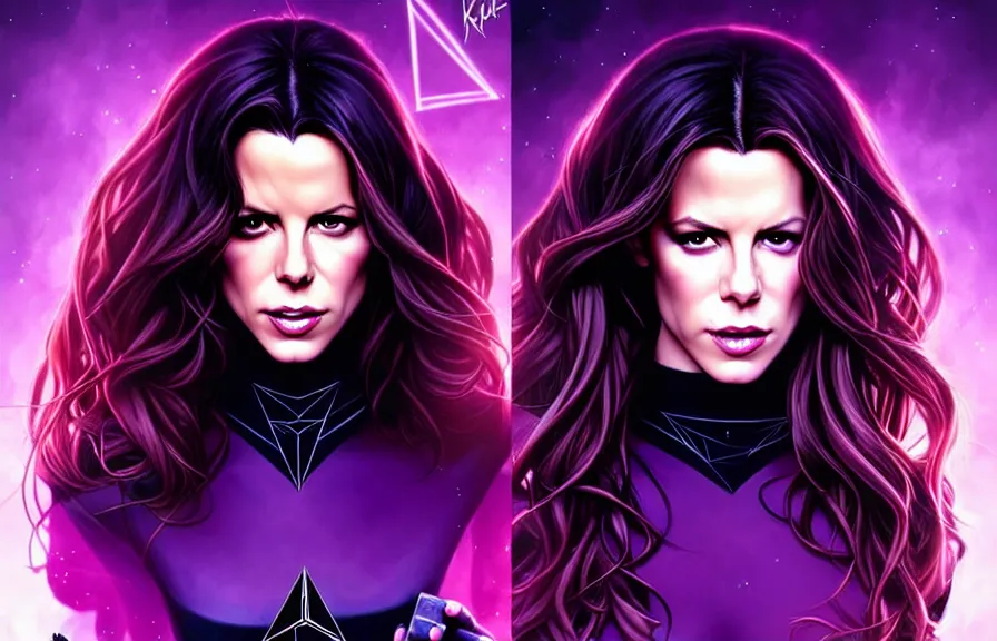 Image similar to kate beckinsdale comic cover art, artgerm, joshua middleton, pretty stella maeve witch doing black magic, serious look, purple dress, symmetrical eyes, symmetrical face, long black hair, full body, twisted evil dark forest in the background, cool colors