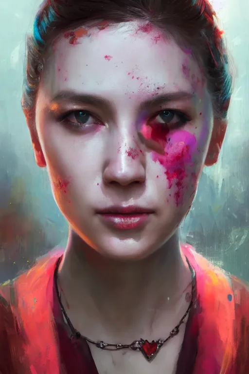 Image similar to A portrait of a women wearing colourful jewelry by Greg Rutkowski, Sung Choi, Mitchell Mohrhauser, Maciej Kuciara, Johnson Ting, Maxim Verehin, Peter Konig, Resident evil , 8k photorealistic, cinematic lighting, HD, high details, dramatic, atmospheric , trending on artstation