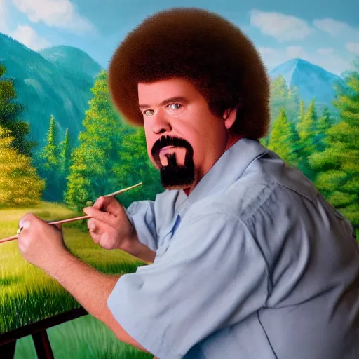 Image similar to a closeup photorealistic photograph of bob ross completing a canvas painting of kenny powers. mountains and trees. film still. brightly lit scene. this 4 k hd image is trending on artstation, featured on behance, well - rendered, extra crisp, features intricate detail, epic composition and the style of unreal engine.
