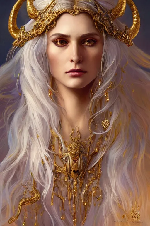 Image similar to fullbody!! of a beautiful woman with long white hair, big natural horns on her head, long flowing intricate dress, gold jewellery, dnd, face, fantasy, intricate, elegant, highly detailed, digital painting, artstation, concept art, smooth, sharp focus, illustration, art by artgerm and greg rutkowski and alphonse mucha