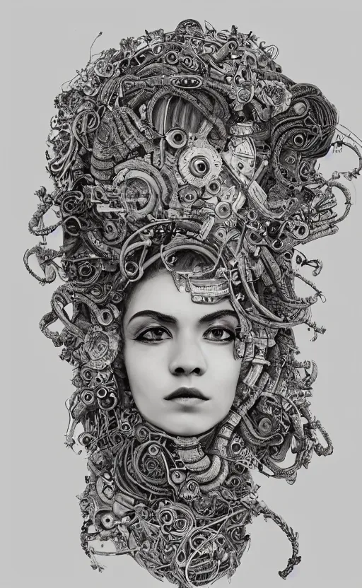 Image similar to beautifully stunning stonepunk woman_integrating_with_technology_full_face_insipiring_detailed_intricate_ornate_cables_connected_to_head_big_open_electric_eyes_ the_singulairty is now by Hironaka, Harumi