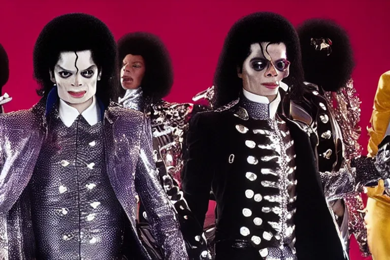 Prompt: Tilda Swinton as Michael Jackson in 'Jackson 5!' (2020), movie still frame, promotional image, imax 70 mm footage, oscar nominated cinematography, volumetric lighting, 8k resolution