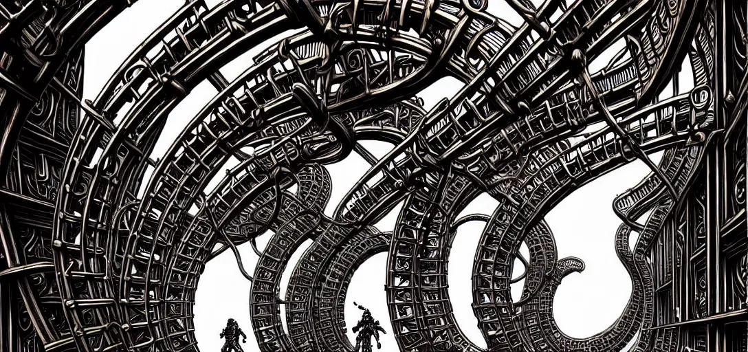 Image similar to a double helix dna cyberpunk steampunk carved archway, high details, lineart, by vincent di fate and joe fenton, inking, screen print, masterpiece, trending on artstation, sharp, high contrast, hyper - detailed,, hd, 4 k, 8 k