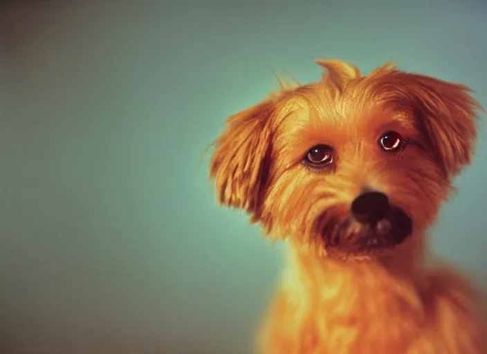 Image similar to a extreme close - up photo, color studio photographic portrait of a little dog, dramatic backlighting, 1 9 7 3 photo from life magazine,