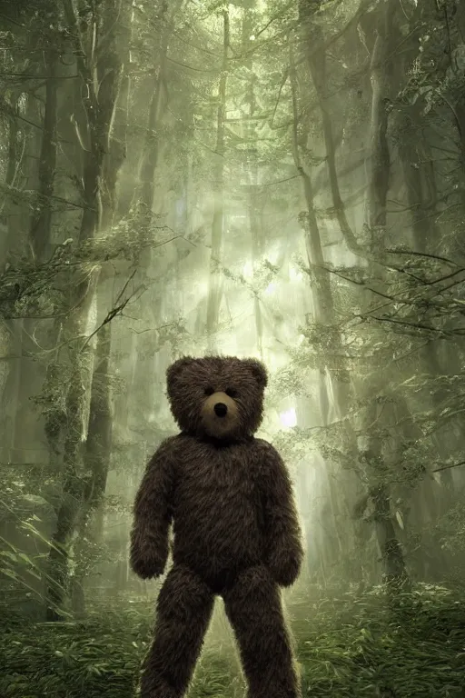 Image similar to helmetless Crysis Nanosuit worn by a fluffy teddybear, a forest with rays of light coming through the canopy, masterpiece, dystopian, sci-fi, extremely detailed, digital painting, sculpted in zbrush, artstation, concept art, smooth, sharp focus, illustration, chiaroscuro lighting, golden ratio, incredible art, artgerm, greg rutkowski, alphonse mucha, simon stalenhag, carravaggio