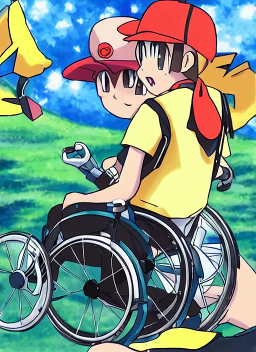 Image similar to a pokemon trainer traveling in a wheelchair, anime, art by ken sugimori