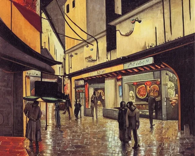 Image similar to a melancholy rainy night in a food street of cyberpunk city de chirico