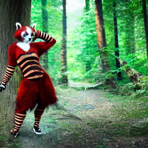 Image similar to woman dress as redpanda, cinematic lighting, various refining methods, micro macro autofocus, ultra definition, award winning photo