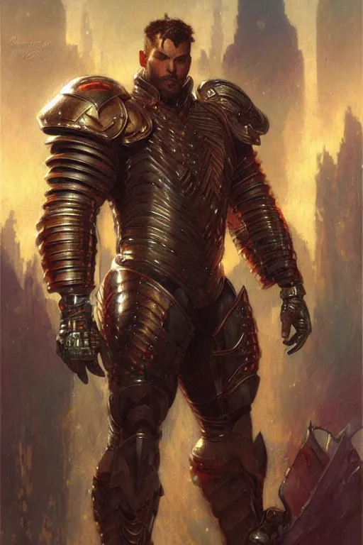 Image similar to attractive beefy male with armor, character design, colorful, cyberpunk, painting by gaston bussiere, craig mullins, j. c. leyendecker, tom of finland