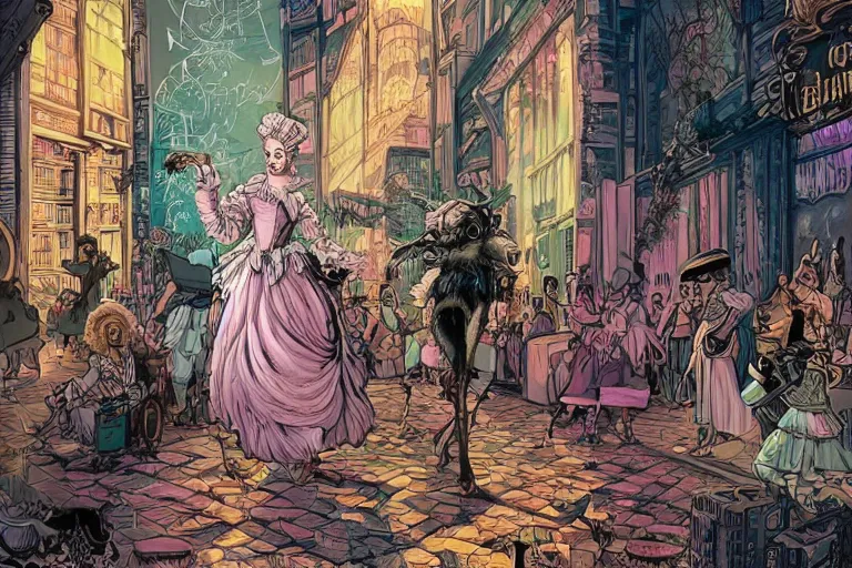 Prompt: exctatic Marie Antoinette in a rococo shaman dress dancing in with animal spirits, ornate cyberpunk city street, by Chiara Bautisya, and Laurie Greasley, Jen Bartel, Background by Tarmo Juhola, syd mead, cinematography Roger Deakins