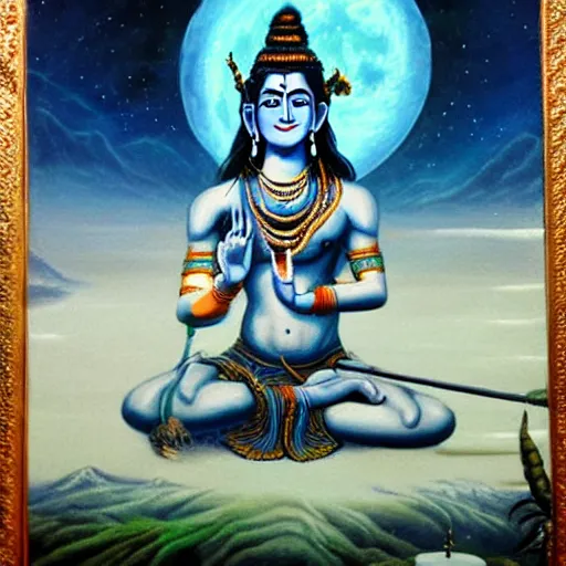 Prompt: an extremely detailed painting of lord shiva, holding his trident, moon in his crown, himalayas in background, fantasy art, beautiful