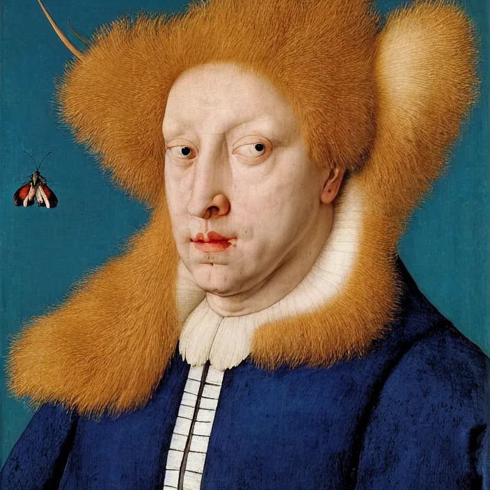 Image similar to close up portrait of a mutant monster creature with white fluffy moth pouf, exotic lily ears, delicate blue conch corns. by jan van eyck, audubon