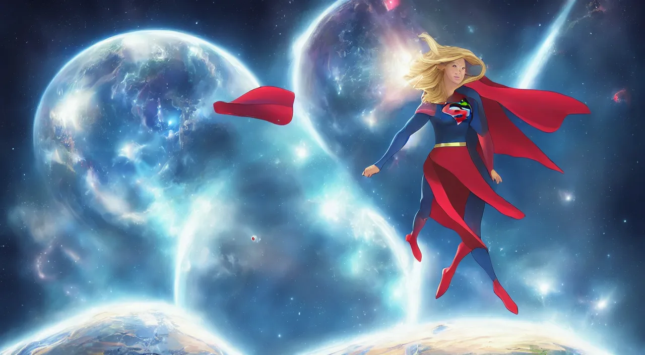 Image similar to A beautiful ultradetailed cartoon of Supergirl hovering in outer space looking at the Earth, 4k, Raphael Lacoste, by Rossdraws and Bluesssatan and Mandy Jurgens and Stjepan Sejic, Legend of Korra, Supergirl, fanart, trending on artstation, highly detailed, soft lighting 8k resolution, dramatic lighting, unreal engine 5, Pinterest, Melissa Benoist, DC Super Hero Girls