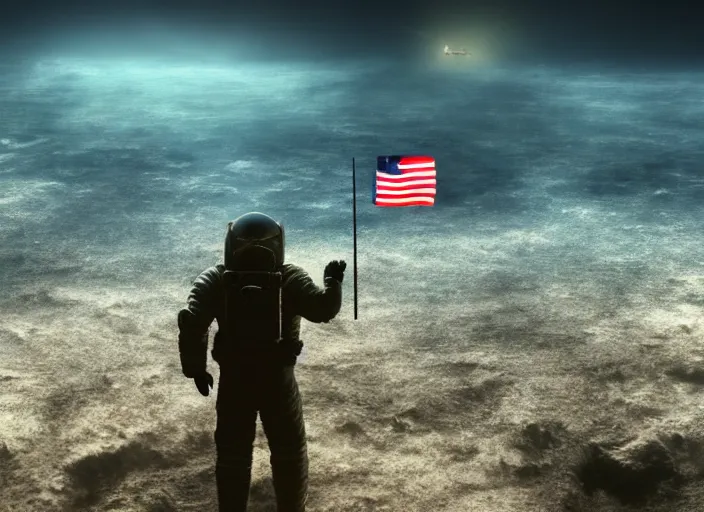 Image similar to astronaut holding a flag in an underwater desert. a submarine is visible in the distance. dark, concept art, cinematic, dramatic, atmospheric, 8 k, trending on artstation, blue, fish, low visibility, fog, ocean floor, christopher nolan, interstellar