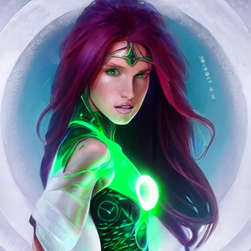 Prompt: ultra realistic illustration, bella thorne as starfire anime with glowing green eyes, intricate, elegant, highly detailed, digital painting, artstation, concept art, smooth, sharp focus, illustration, art by artgerm and greg rutkowski and alphonse mucha and wlop