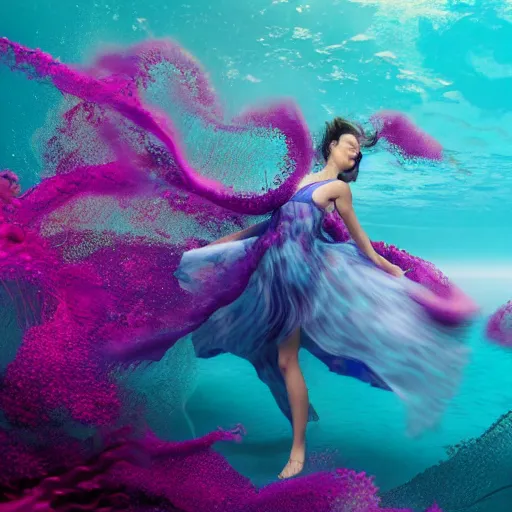 Prompt: woman dancing underwater wearing a flowing dress made of blue and magenta seaweed, delicate coral sea bottom, swirling silver fish, swirling smoke shapes, octane render, caustics lighting from above, cinematic