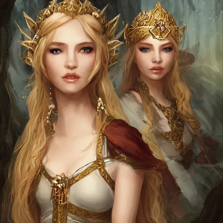 Prompt: a d & d character portrait of a beautiful noble elf princess with blonde hair and regal jewellry by bowater, charlie