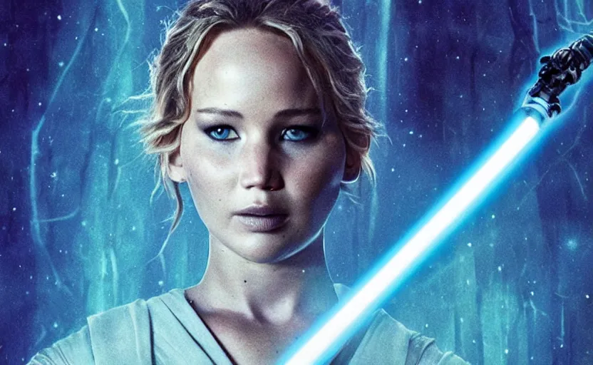 Image similar to jennifer lawrence as a jedi with a blue lightsaber in an ancient bioluminescent forest, new star wars movie poster from lucas arts, perfect symmetrical face, full moon, moody lighting, 8 k, shallow depth of field, intricate detail,