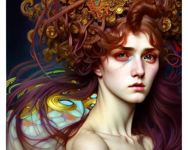 Image similar to overlord, psychedelic hair, portrait, highly detailed, deep focus, elegant, digital painting, smooth, sharp focus, illustration, ultra realistic, 8 k, art by artgerm and alphonse mucha and edgar maxence