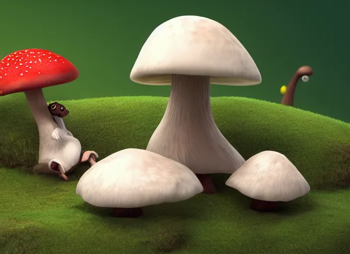 Image similar to a cute creature sitting next to a mushroom, sidefx houdini, vfx, mantra render