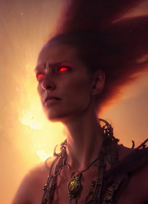 Image similar to closeup realistic portrait of a female necromancer, backlit, oil painting, concept art, filip hodas, john howe, mike winkelmann, jessica rossier, andreas rocha, bruce pennington, albert bierstadt, peter mohrbacher, donato giancola, joseph christian leyendecker, wlop, boris vallejo