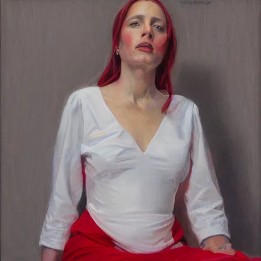 Image similar to portrait of a woman wearing white and red, by donato giancola