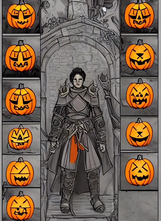 Image similar to jack o lantern cleric, D&D,character concetp art, character sheet