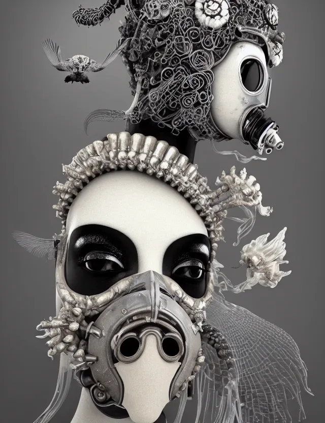 Image similar to 3 d goddess close - up profile punk portrait with vintage gas mask ram skull. beautiful intricately detailed japanese crow kitsune mask and clasical japanese kimono. betta fish, jellyfish phoenix, bio luminescent, plasma, ice, water, wind, creature, artwork by tooth wu and wlop and beeple and greg rutkowski