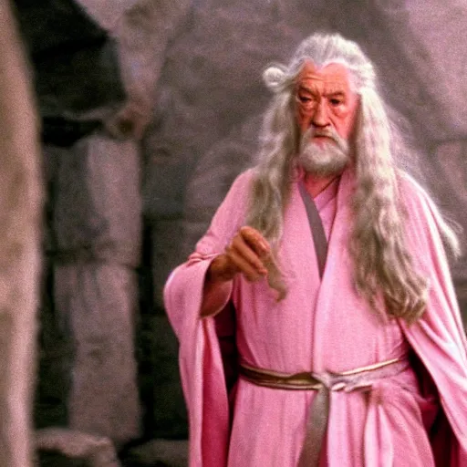 Image similar to gandalf wearing light pink robes, wearing a pink bow in his hair, movie still from the lord of the rings