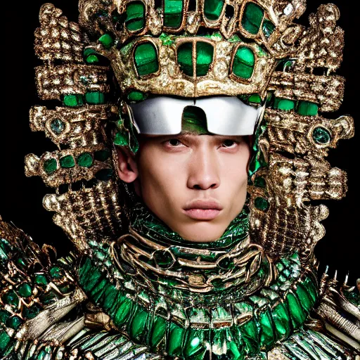 Image similar to a portrait of a beautiful young male wearing an alexander mcqueen armor made of emeralds , photographed by andrew thomas huang, artistic