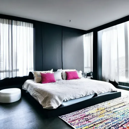 Image similar to Bedroom with Minimalistic Art on the walls, white furniture, Multi colored Mandala Rug, big windows with sunlight coming in