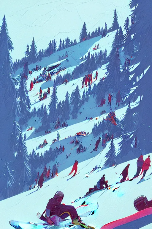 Image similar to by moebius and atey ghailan | the bottom of a ski slope with a huge pile of tangled up skiers |