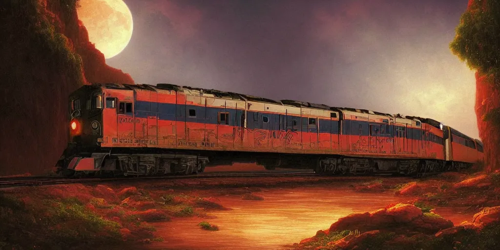 Image similar to very detailed and perfectly readable fine and soft relevant out of lines soft edges painting by beautiful walt disney animation films of the late 1 9 9 0 s and thomas cole in hd, we see a scrapped train in the middle of a lunar landscape, nice lighting, perfect readability, uhd upscale