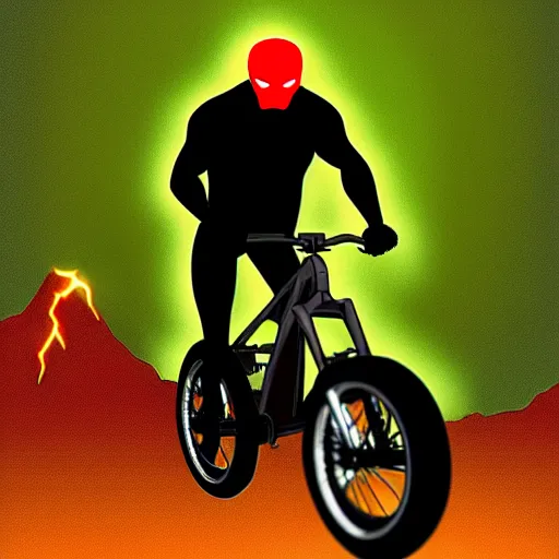 Prompt: portrait of marvel ghost rider driving a rockrider mountain bike, medium shot, realistic