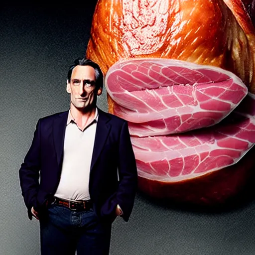 Image similar to uhd candid photo of a giant ham with the face of john hamm. photo by annie leibowitz.