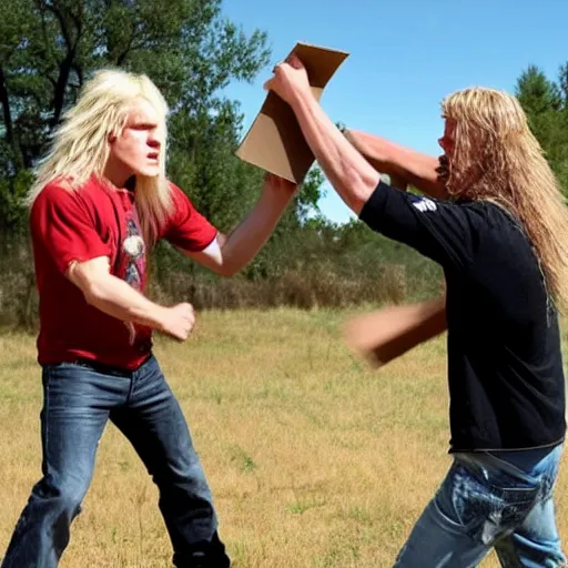 Prompt: a long - haired blonde hillbilly fighting against a cardboard boxman